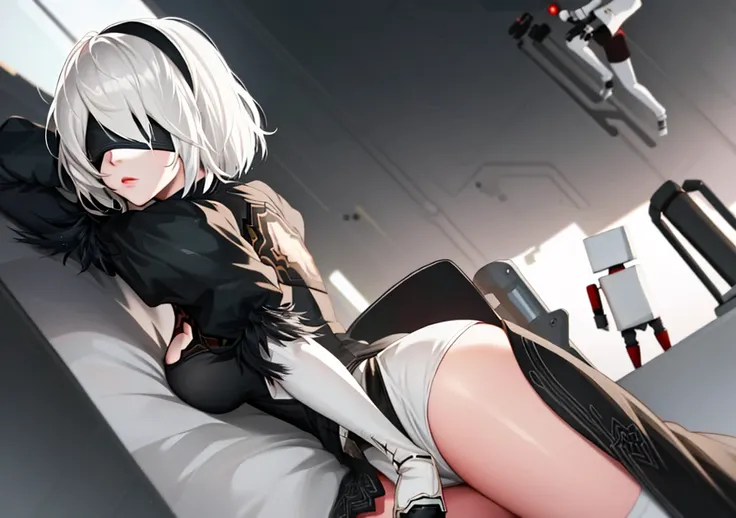 Nier automata, 2b, eyes covered, showing ass, half naked.(((Half naked))) Sci Fi night background