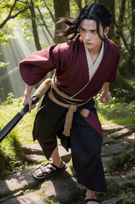 A hyper-realistic depiction of Tanjiro Kamado from Demon Slayer (Kimetsu no Yaiba), portrayed as a real person. He has short, messy black hair with a burgundy tint and a scar on his forehead shaped like a flame. His eyes are large and dark red, filled with...