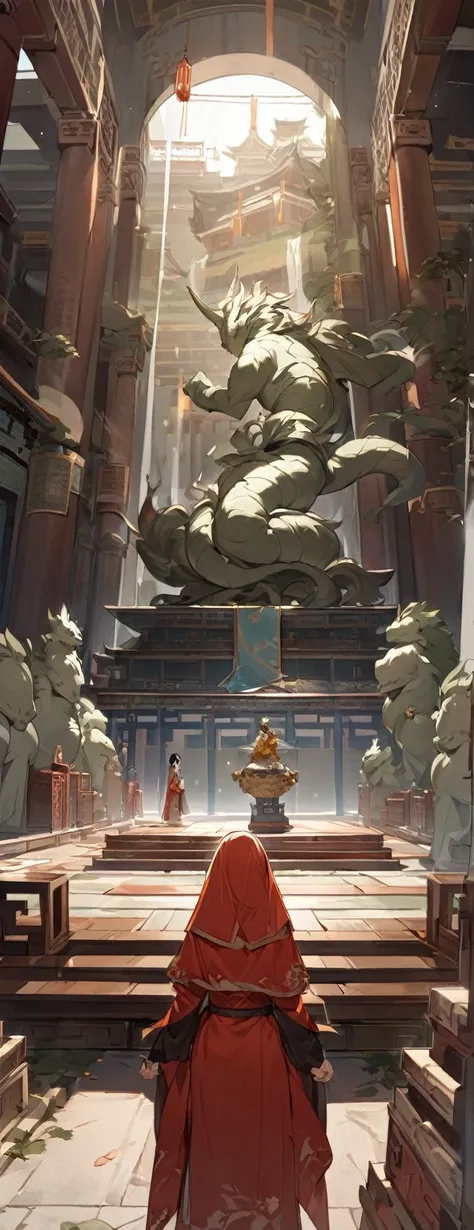 Comic scene，The grand Chinese palace，Chinese Architecture，There is a monster statue in the middle，There are four pillars next to it，Light and Shadow，Atmosphere，Beautiful scene wallpaper