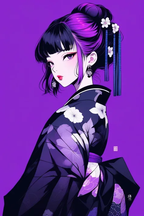 (best quality, sketch:1.2),realistic,illustrator,anime,1 girl, detailed lips, kimono,custom, black and purple gradient background,neon hair,textured cropping, masterpiece, style retro classic, noir style , Japanese style 