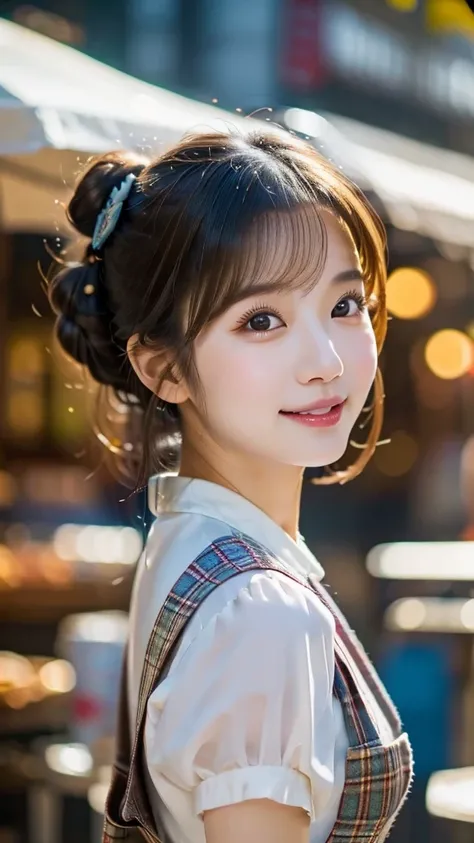 A young Asian woman eating a donut, close-up portrait, street food scene, double bun hairstyle, white puffy sleeve blouse, plaid overall dress, shallow depth of field, soft natural lighting, urban background with bokeh, nostalgic color grading, 85mm lens, ...