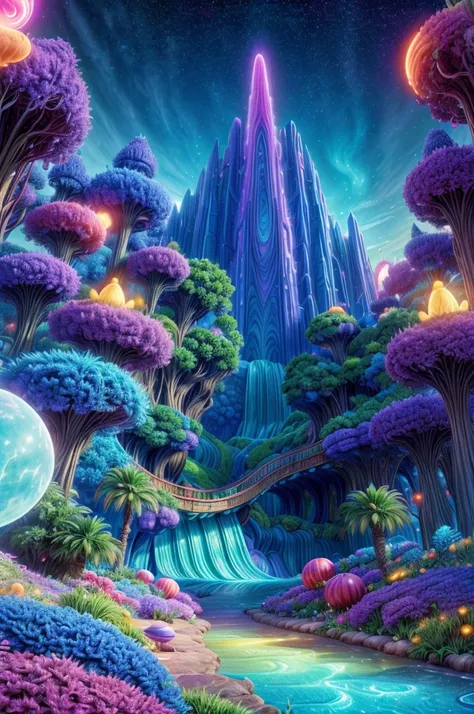 a magical amusement park, giant colorful waterslide, cosmic landscape, vibrant colors, glowing neon lights, futuristic architecture, floating islands, alien plants, surreal atmosphere, dreamlike scenery, hyperrealistic, 8k, ultra-detailed, intricate detail...