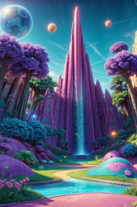 a magical amusement park, giant colorful waterslide, cosmic landscape, vibrant colors, glowing neon lights, futuristic architecture, floating islands, alien plants, surreal atmosphere, dreamlike scenery, hyperrealistic, 8k, ultra-detailed, intricate detail...