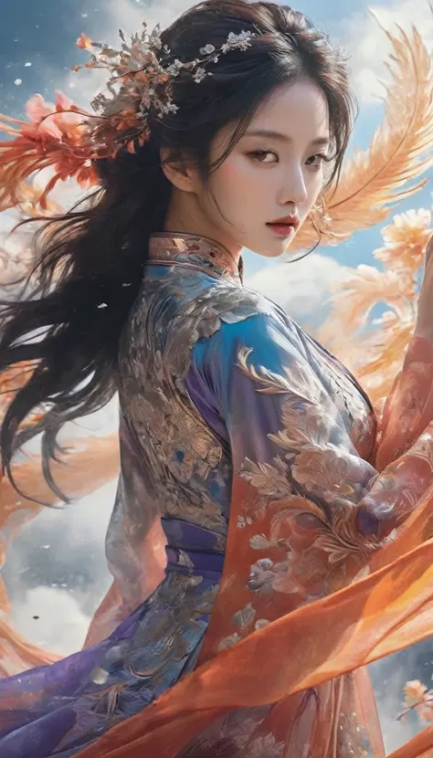 (Magical girl:1.8)，1 female，（Violet Dress），flowing tulle，Beautiful and elegant woman，Ride the majestic Phoenix，Soar into the clouds。The wind gently lifts her robe，Move gracefully through a fantastical cloudscape，The sense of fLight is highLighted，((Surroun...