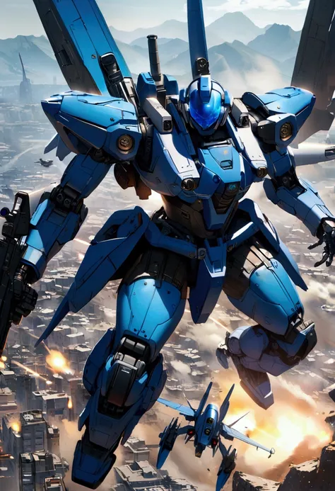 a blue robot with a gun arm that hunts fighter planes