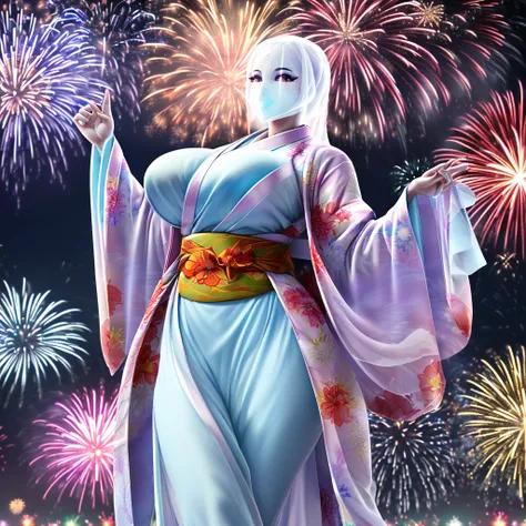 ((transparent feminine ghost with a perfect figure, beautiful breasts and hips, she is a very grown up sexy ghost woman and she is wearing a ghost kimono, she is standing at the fireworks festival)), ((in detail down to the smallest detail, ultra realistic...