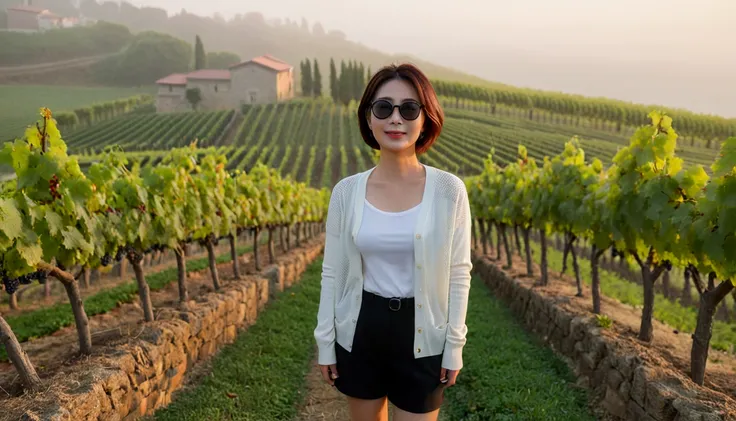 8k realistic, lifelike photo,, 36 year old Korean woman, Short in stature, pretty like a model. front view, White shirt and short cardigan, casual pants, short medium hair, Smiley, Italy. vineyard, thick dawn fog. vineyard 지나 짙은 안개 속으로 저 멀리 성당이 보인다. Full b...