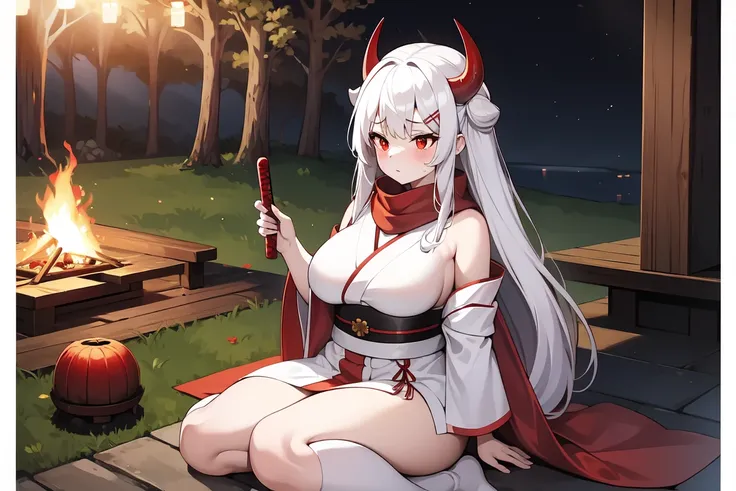 1girl, white hairs, red eyes, white-red  kimono, long hair, red horns, katana, lake, night, campfire, sitting on ground, red scarf, massive breasts, mature