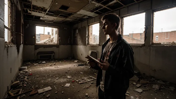 20 year old man, in an abandoned building, performing a ritual for the devil, dark and scary