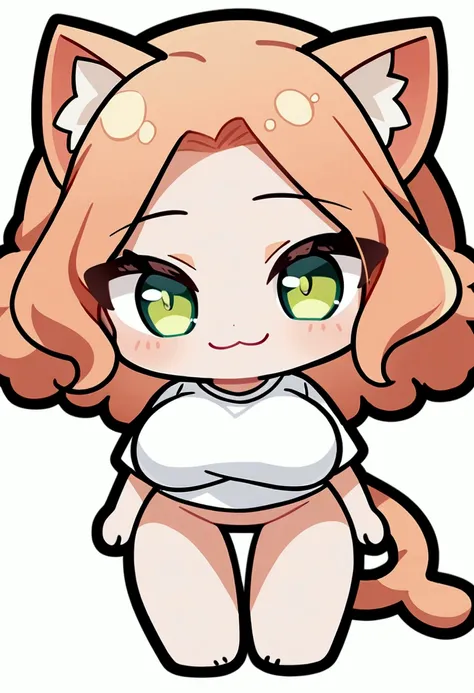 1girl with long fluffy ginger hair, green eyes, big breasts, white t shirt, no pants, cat ears, cat tail, smile, full stand, ((chibi style))