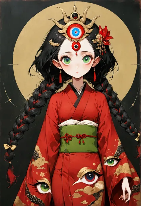 (((1 Princess，Double braid，独奏，third eye on the forehead，big eyes))),(((Gorgeous Japanese red kimono：1.6，Eye Diagram，Dark Pattern))).(((Thin waist，Greenbelt：1.37)))whole body