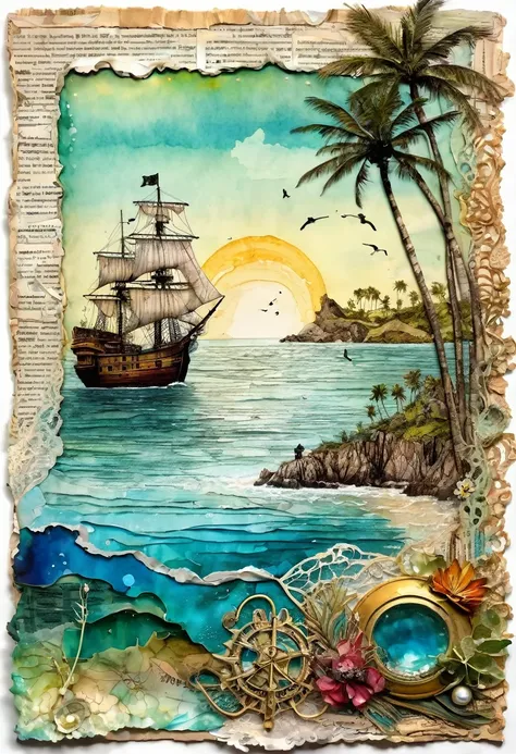 (Super detailed alcohol ink painting of gorgeous treasure island scenery and a female explorer:1.2), A stress-free mixed media masterpiece made on patchwork of vintage script paper, Ephemera, Torn cardboard, Vintage newspaper, Vintage Sheet Music, Some kin...