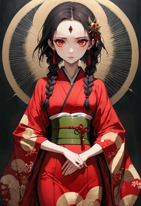 (((1 girl，double braid，solo，third red eye on the forehead，))),(((gorgeous japanese red kimono：1.6，eye diagram，dark pattern))).((...