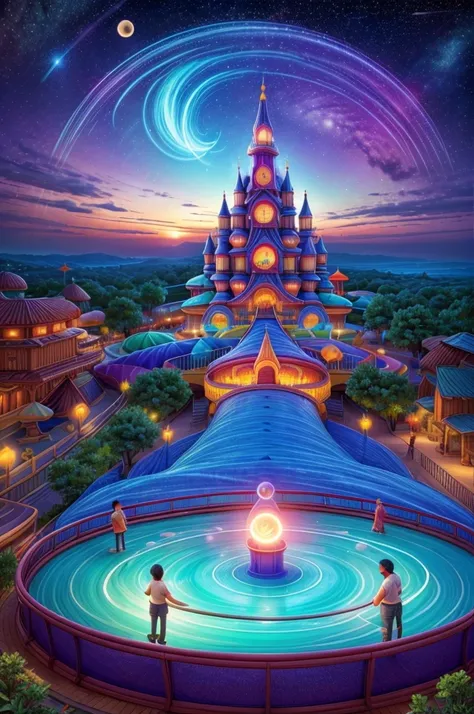 an amusement park in a spiritual dimension, overlooking the universe, a large circle-shaped slide with colored water on the slide, imagine a realistic view from the top of a roller coaster overlooking the night sky
