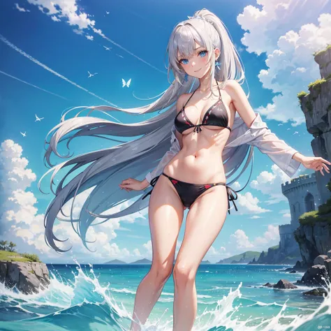 High resolution, masterpiece, accurate, Highest quality, Winner of numerous awards, High-resolution model, 

Heavy bangs，Silver Hair，Wet Hair，Super long hair，ponytail，
slender，White skin，Medium chest Ice blue eyes，Sharp, thin eyebrows，smile，
Seaside，Wester...