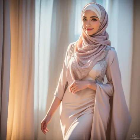 a gorgeous MILF, hijab girl, silk white abaya, beautiful detailed smile, beautiful detailed eyes, beautiful detailed nose, beautiful detailed lips, elegant feminine pose, intricate hijab folds, delicate skin, warm lighting, photorealistic, 8K, hyper detail...