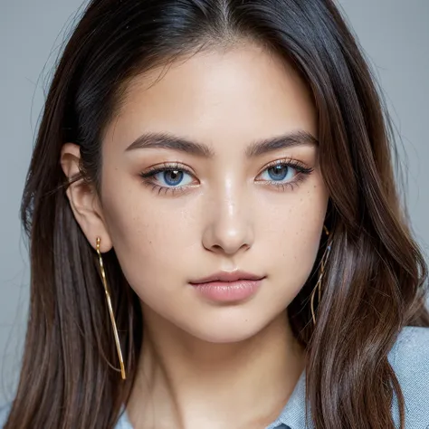 (masterpiece) A young 19-year-old woman named Lila Nakamura with a Japanese mix Northern European heritage. She has thick dark black eyeliner, glossy lips, and a cute, endearing expression. She has straight, beautiful blonde hair that falls just past her s...