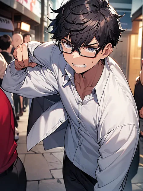 Black-haired, nerdy young man, white shirt, jacket, izakaya, angry face, wrinkled brow, glasses, clenched teeth