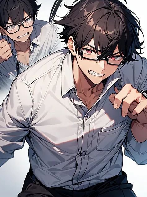 Black-haired, nerdy young man, white shirt, jacket, izakaya, angry face, wrinkled brow, glasses, clenched teeth