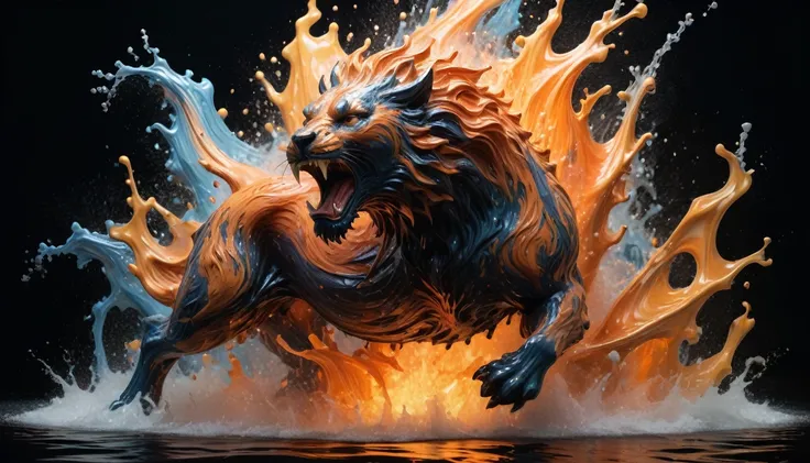 abstract expressionism,  intricately formed dynamic splash of fire and water in the shape of a lion