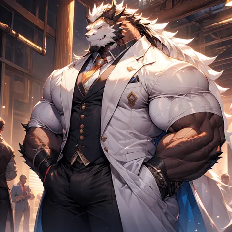 Very muscular white dragon, big pecs, heavy weight, bodybuilder build, wearing white suit,
, large bulge, black whiskers，stand and taking a long tobacco pipe, in the public full of building, bright smile expression, glistening skin, black long hair,vibrant...