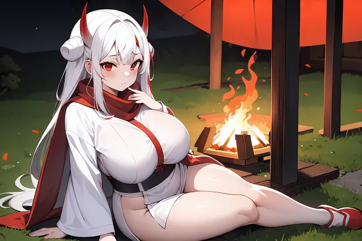 1girl, white hairs, red eyes, white-red  kimono, long hair, red horns, katana, lake, night, campfire, red scarf, massive breasts, mature, Oni