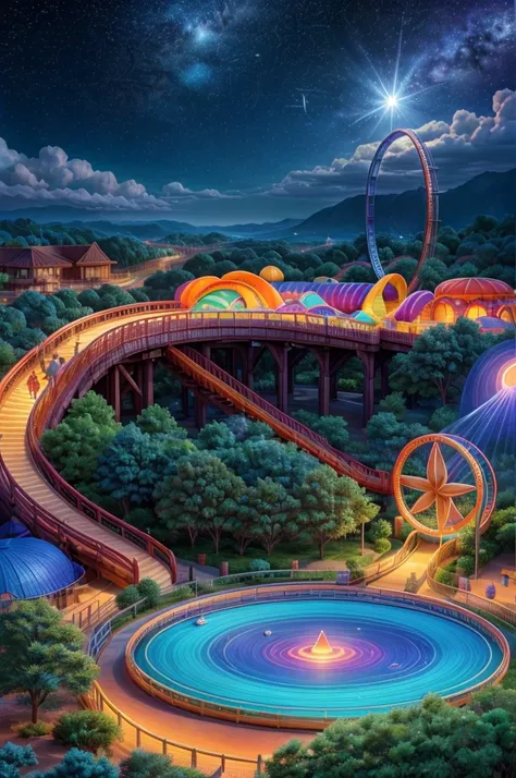 an amusement park in a spiritual dimension, overlooking the universe, a large circle-shaped slide with colored water on the slide, imagine a realistic view from the top of a roller coaster overlooking the night sky, colored water
