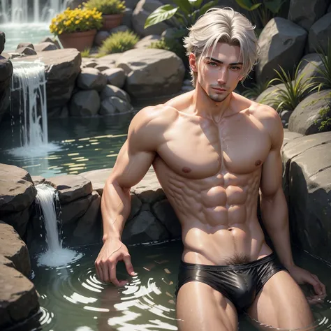 A 29-year-old man handsome and sexy stands at 59" with a slender yet muscular build, his stylis grey mullet hair, his grey iris gleaming in the warm light. He is shirtless, wearing sheer briefs with stylized and defined outline. He sits comfortably in a wa...