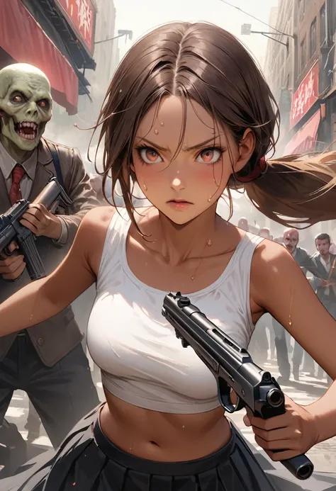 Dynamic action scenes、Woman fighting zombieasterpiece,Highest quality:1.3,best quality illustration)),(realistic),cowboy shot,独奏,1woman,25 year old beauty,brown hair,(low ponytail hair),long hair,bangs,brown eyes,(gorgeous big eyes),((very small head:1.3))...