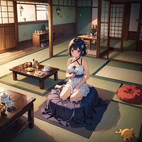 Masterpiece, highest quality, high resolution background, bright and beautiful atmosphere, 3 girls (2 years old, 1 short-tempered round face), 1  (hair, surface effects), small breasts, inn near the seaside, Showa era atmosphere Room, girls with large bags...