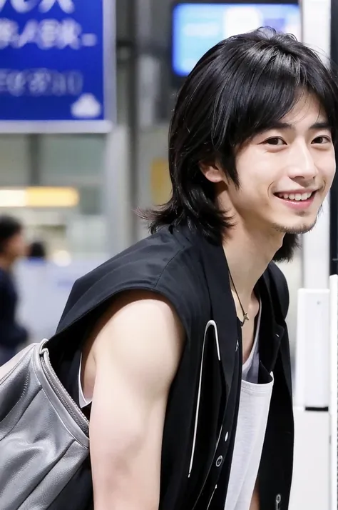 Japanese man, 25 years old, black hair, very Japanese eyes smooth skin, tall charismatic friendly smile is photographed at the airport by paparazzi ￼