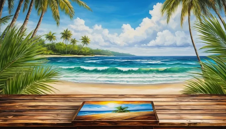 Wood table with seascape and palm leaves oil canvas painting style