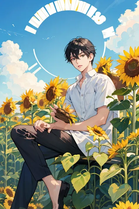 Painting of a boy sitting in a flower bed, 1boy, coronation of Prince of Flowers, Official Anime Artwork, Prince of Flowers, scene : Sunflower field, scene: Sunflower field, bright summer day, Poster ; summer, Official artwork, Yellow sunshine, shigenori s...