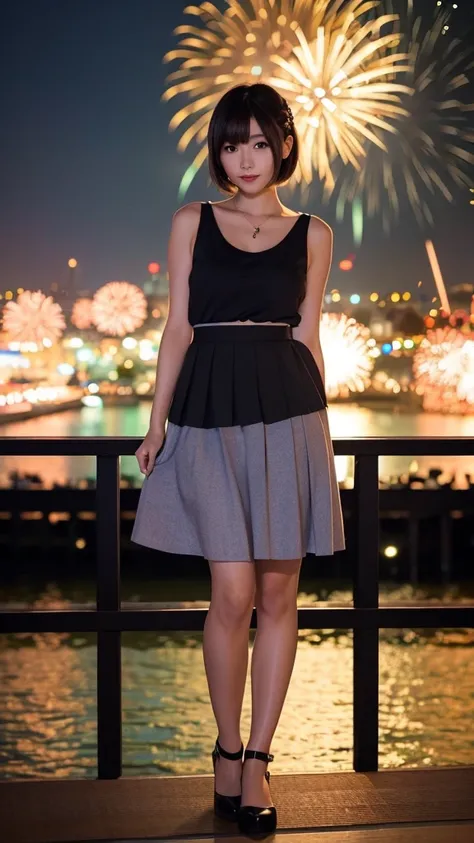 Have short hair、Very Beautiful Japan Woman。She is wearing a skirt、Has striking bluish-black eyes。The background is the seaside at night、Watching fireworks。
The image style is realistic.、It adds a touch of glamour.。