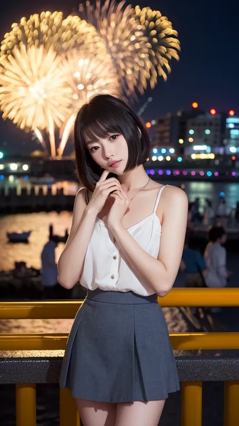 Have short hair、Very Beautiful Japan Woman。She is wearing a skirt、Has striking bluish-black eyes。The background is the seaside at night、Watching fireworks。
The image style is realistic.、It adds a touch of glamour.。