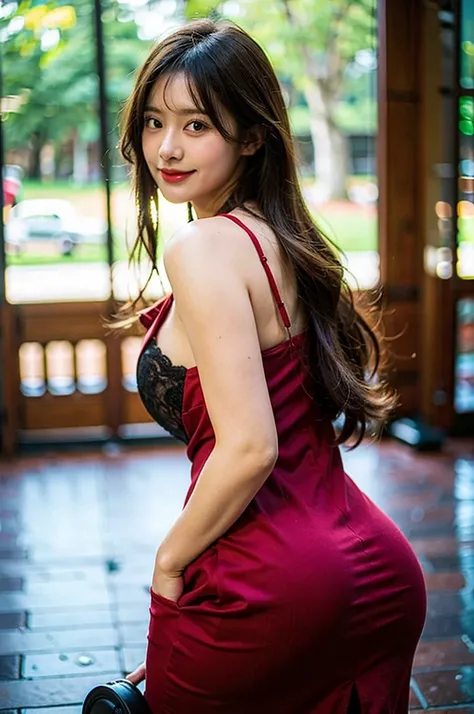 best quality, ultra high res, (photorealistic:1.4), 1girl, 1girl, solo, mature female, brown hair, best quality, masterpiece, ultra-detailed, high quality, Beautiful, beautiful face, smile, open mouth, looking at viewer, red maxi dress, bare shoulders, see...