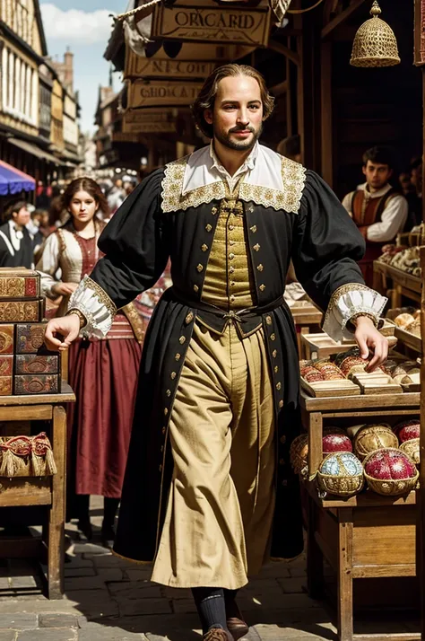 Young Shakespeare in Elizabethan London Market"
Create an image of a young William Shakespeare dressed in period attire, strolling through a lively Elizabethan market filled with colorful stalls and bustling crowds.