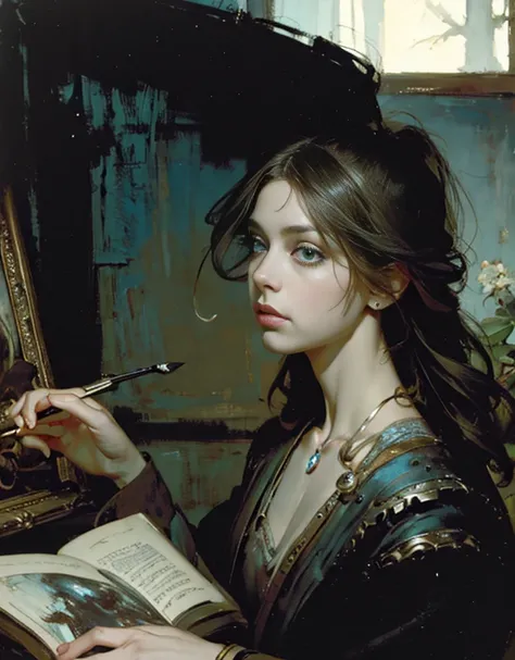 painting of woman, with influence of Jeremy Mann, Jeremy Mann, style of Jeremy Mann, Jeremy Mann painting, Jeremy Mann art, Ron Hicks, Liepke, Jeremy Mann and alphonse mucha, Works that influenced Edmund Blampid, robert lenkiewicz, Casey Baugh and James Je...