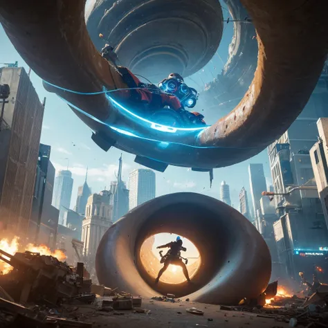 A person with their head stuck in a giant donut, looking confused, in a comical and exaggerated manner, The background is a game world in the middle of a battle, a futuristic city is about to be destroyed.