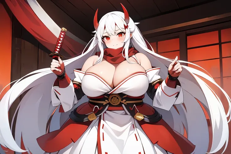 1girl, white hairs, red eyes, white-red  kimono, long hair, red horns, katana, red scarf, massive breasts, mature, Oni, armored skirt