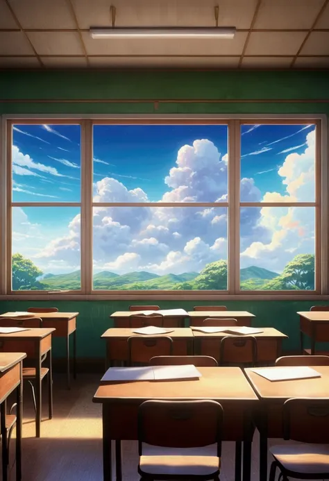 Shinkai Makoto animation style scenery, very realistic iridescent clouds through classroom window, shining sunlight, desks aligned facing forward, curtains swaying in the wind, nostalgic atmosphere, blackboard with chalk eraser marks, dreamy romantic scene...