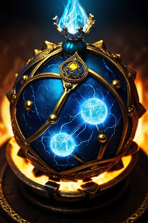 antique old glowing stone magic crown on a pedastal, swirling blue magic fireballs, hyperrealism, digital painting, fantasy art, dungeons and dragons, magic the gathering