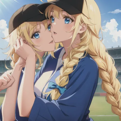 Eiko Tsukimi, blue eyes, braid, twin braid,(((blonde hair))),(baseball cap)