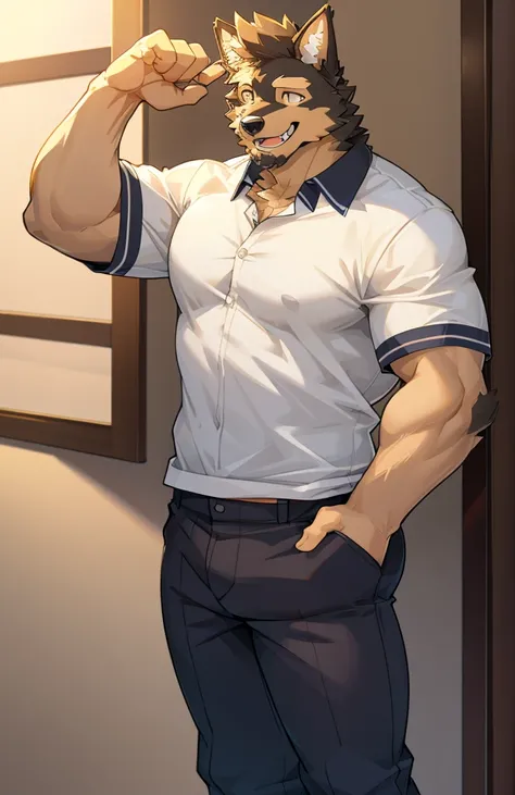 solo, pubraseer, Furry german sheperd dog, muscular body, handsome, Smiling, mouth open, holding glassess, cool pose, casual shirt, casual pants.