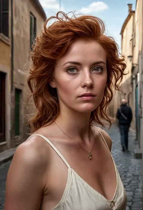 Belle femme rousse, 30 ans. (Plan général), (marcher dans une rue déserte), (marche), cheveux courts, peau détaillée avec des taches, abdomen, la photographie réaliste, la photographie, (taille parfaite), premier travail, réaliste, le réalisme, le rendu, c...