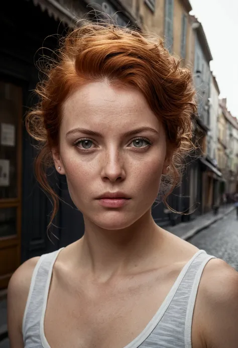 Belle femme rousse, 30 ans. (Plan général), (marcher dans une rue déserte), (marche), cheveux courts, peau détaillée avec des taches, abdomen, la photographie réaliste, la photographie, (taille parfaite), premier travail, réaliste, le réalisme, le rendu, c...