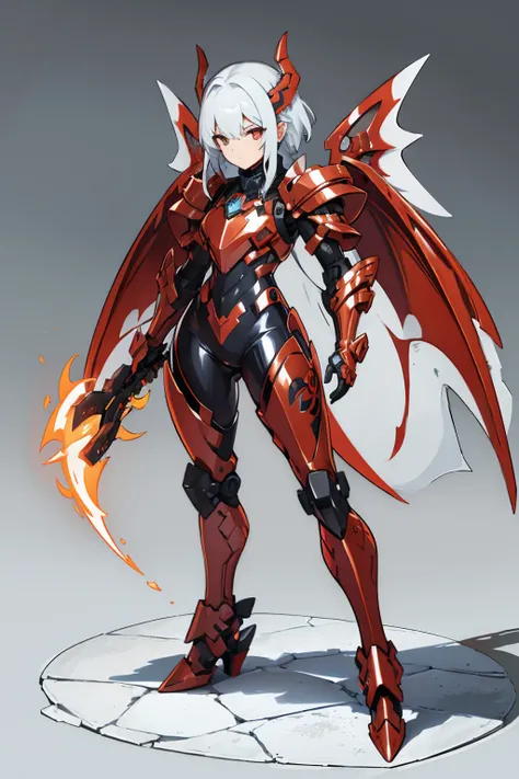 ((full body photo, standing, feet on the ground)),  women, face, White hair, Armor of the Copper Dragon, Maske, red eye, High quality, super detailed, Super Holy Armor, front, Bright image, mehr front, 4 Dragon Wings, more forward, black armor, Red-copper ...