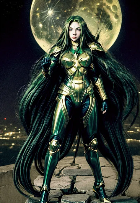 (Masterpiece, 4k resolution, ultra-realistic, very detailed), (Theme of knights of the zodiac, charismatic, there is a girl at the top of the city, wearing a golden gold armor Sagittarius knight, she is a superhero), [ ((20 years), (long green hair:1.2), f...