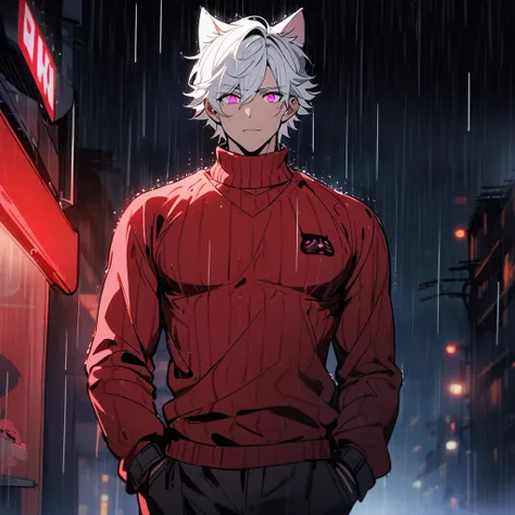 1 men, short white hair, eye pink, Kitten ears, wearing a red sweater, wearing gloves, slightly muscular body, at night, raining, front view, on a plain , Hand in pockets, 4K, bright coloured, tall quality, close up no rosto, raining