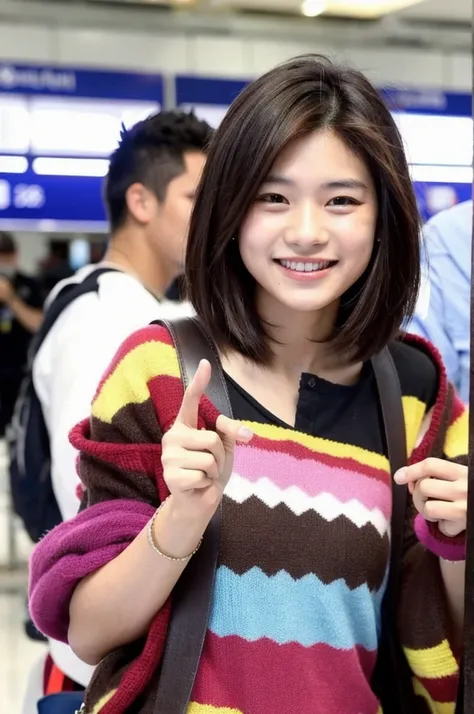 Indonesian man he is 22 years old, dark brown short hair, friendly smile makes a finger. Heart is photographed at the airport by paparazzi. A colorful clothing style looks very energetic ￼￼ 